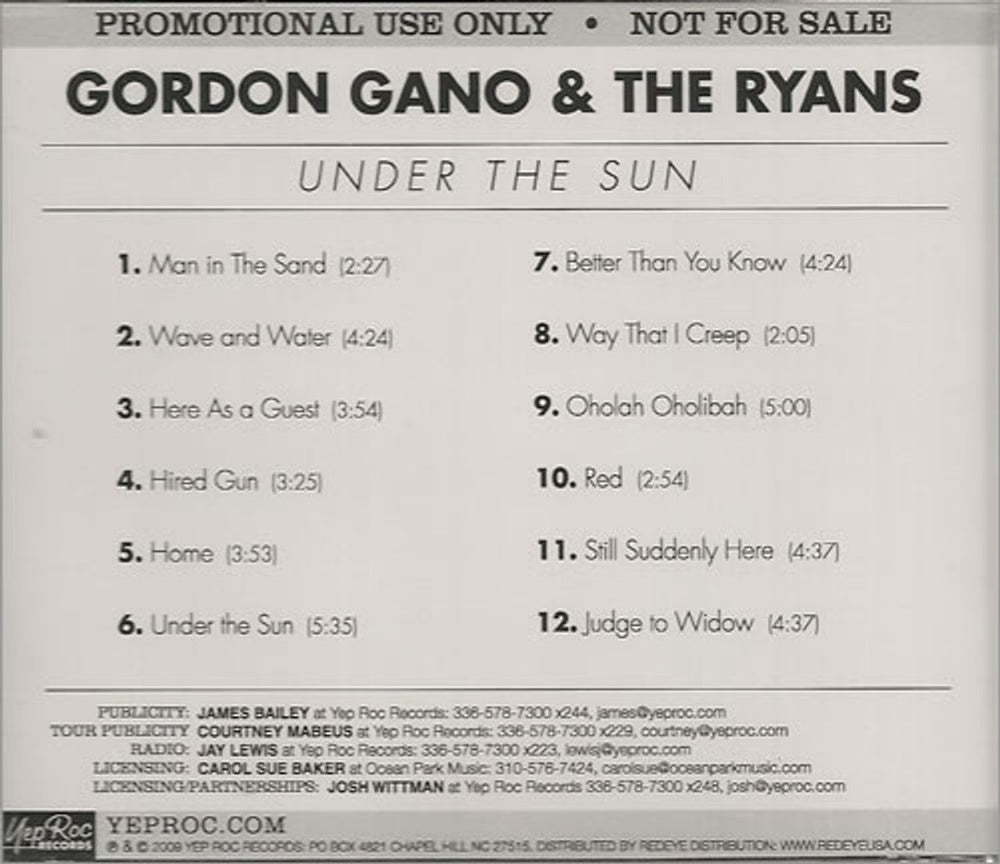 Gordon Gano Under The Sun US Promo CD album (CDLP) CD-YEP-2210