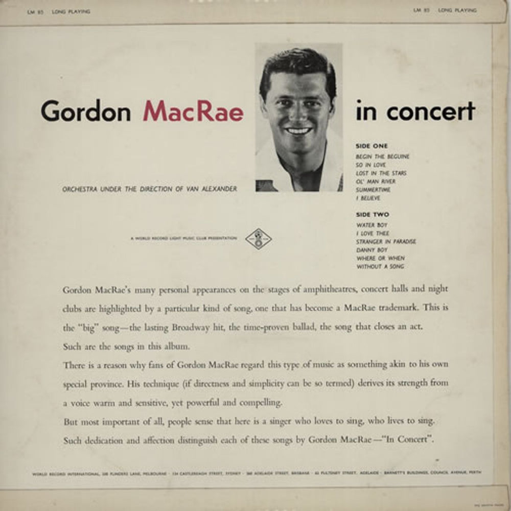 Gordon MacRae In Concert Australian vinyl LP album (LP record) GHMLPIN611665
