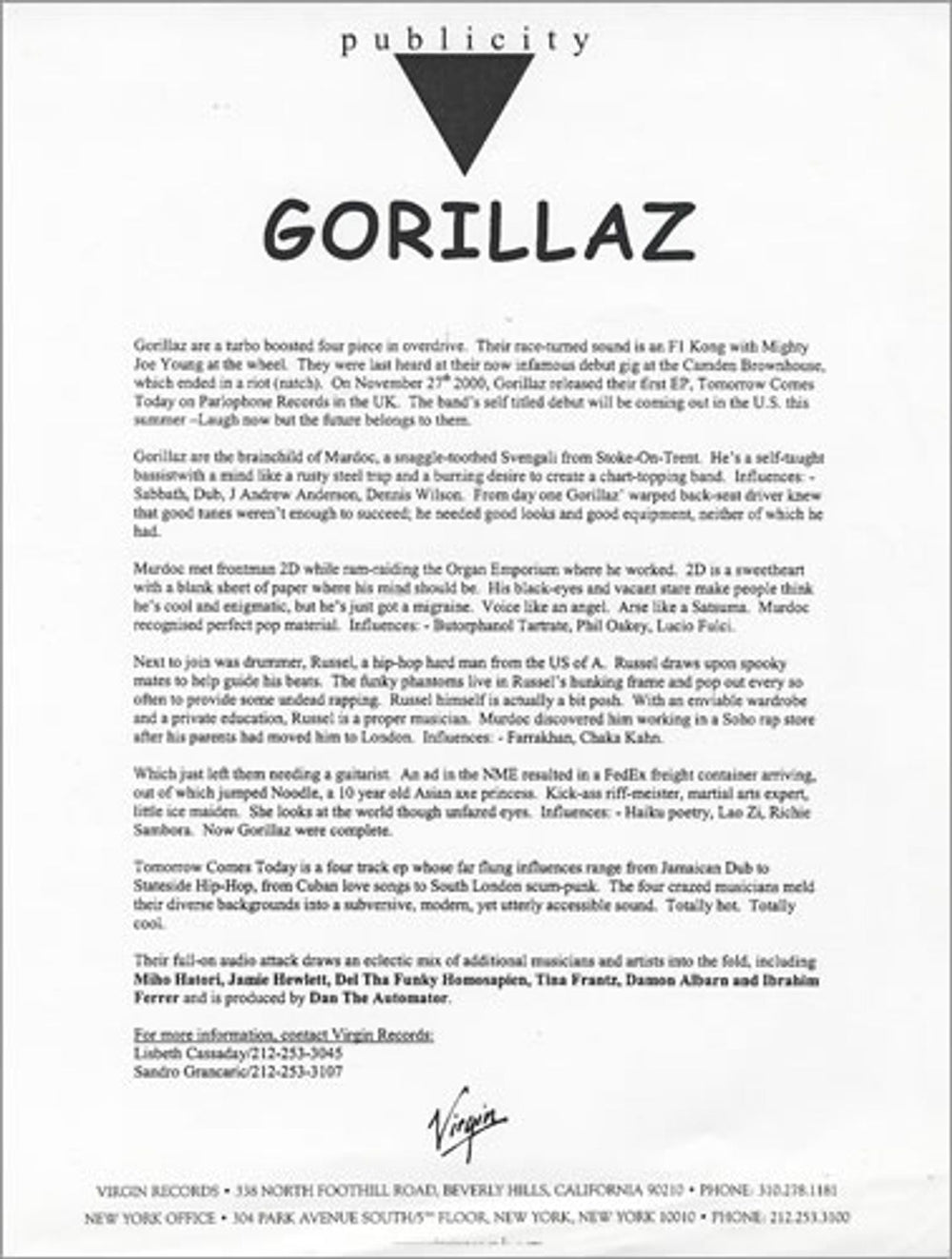 Gorillaz Gorillaz US Promo media press pack PRESS PACK