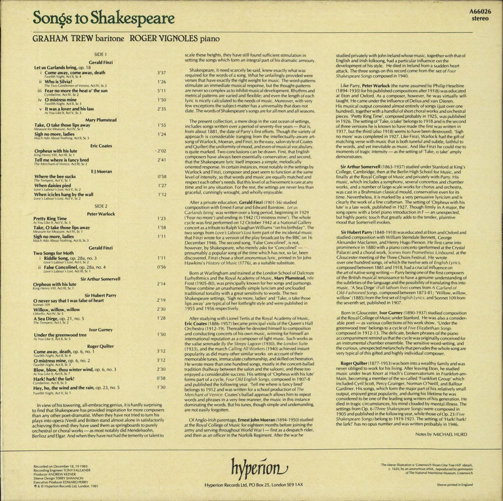 Graham Trew & Roger Vignoles Songs To Shakespeare UK vinyl LP album (LP record)