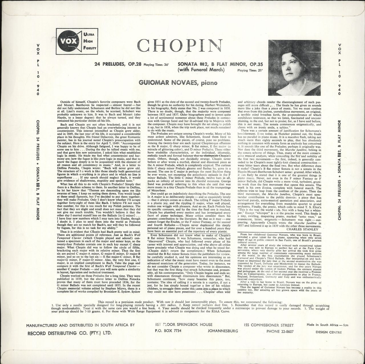 Guiomar Novaes Chopin: 24 Preludes, Op.28 / Sonata No.2 in B Flat Minor, Op.35 South African vinyl LP album (LP record)
