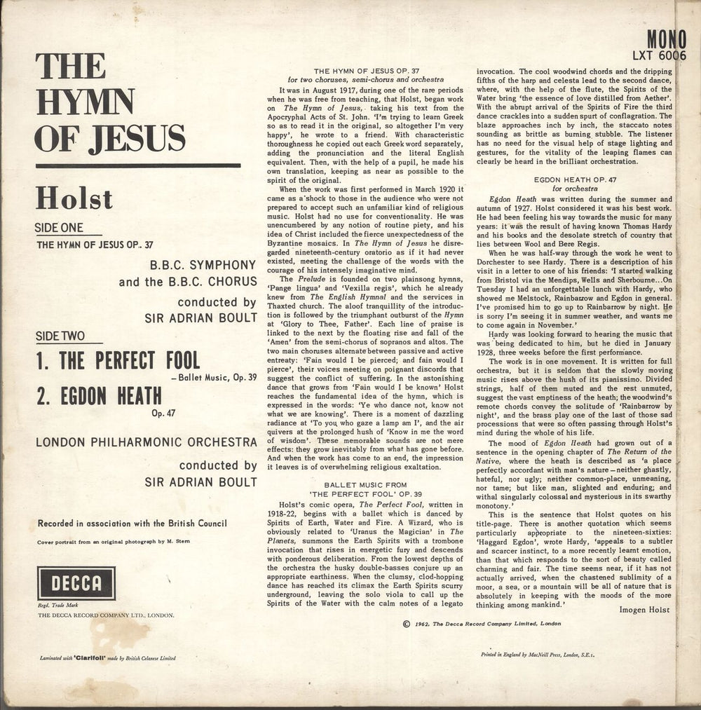 Gustav Holst The Hymn Of Jesus UK vinyl LP album (LP record) LXT6006