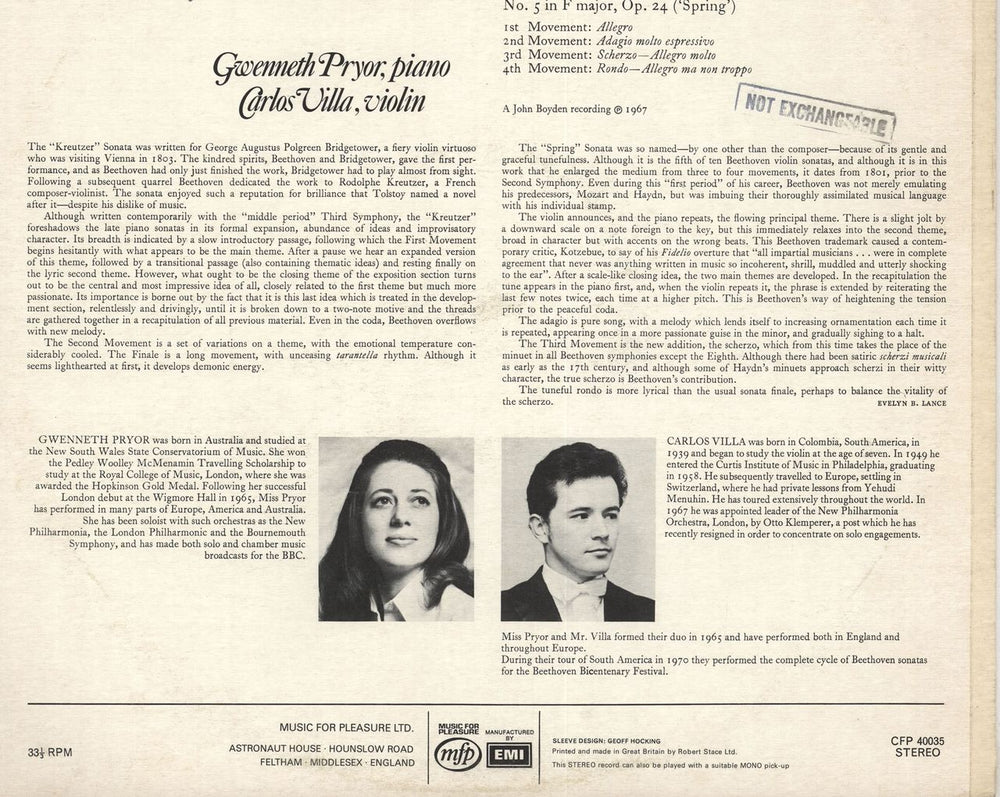 Gwenneth Pryor & Carlos Villa Beethoven: Kreutzer & Spring Sonatas for Violin & Piano UK vinyl LP album (LP record)