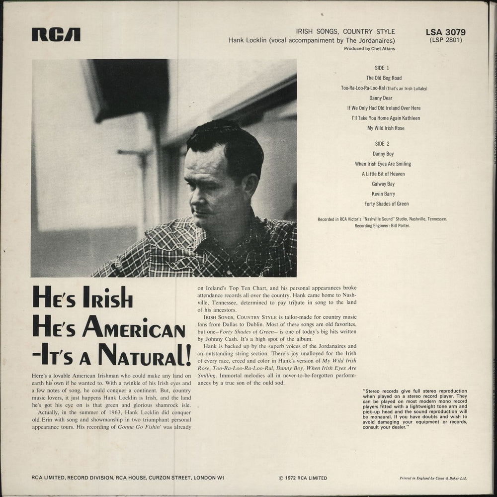Hank Locklin Irish Songs, Country Style UK vinyl LP album (LP record)