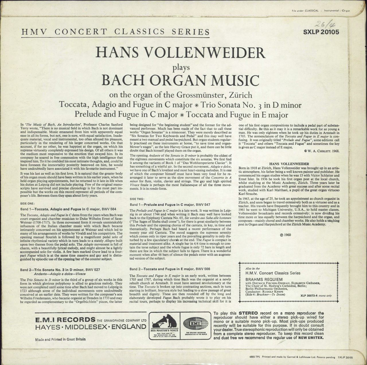 Hans Vollenweider Hans Vollenweider Plays Bach Organ Music UK vinyl LP album (LP record)