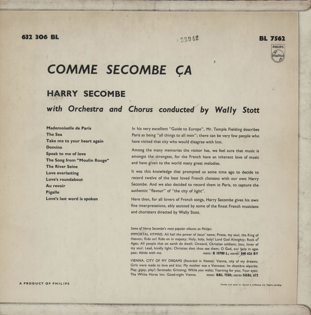 Harry Secombe Comme Secombe Ca UK vinyl LP album (LP record)