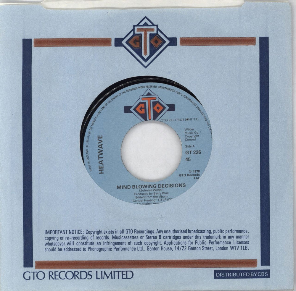 Heatwave Mind Blowing Decisions - wide centre UK 7" vinyl single (7 inch record / 45) GT226