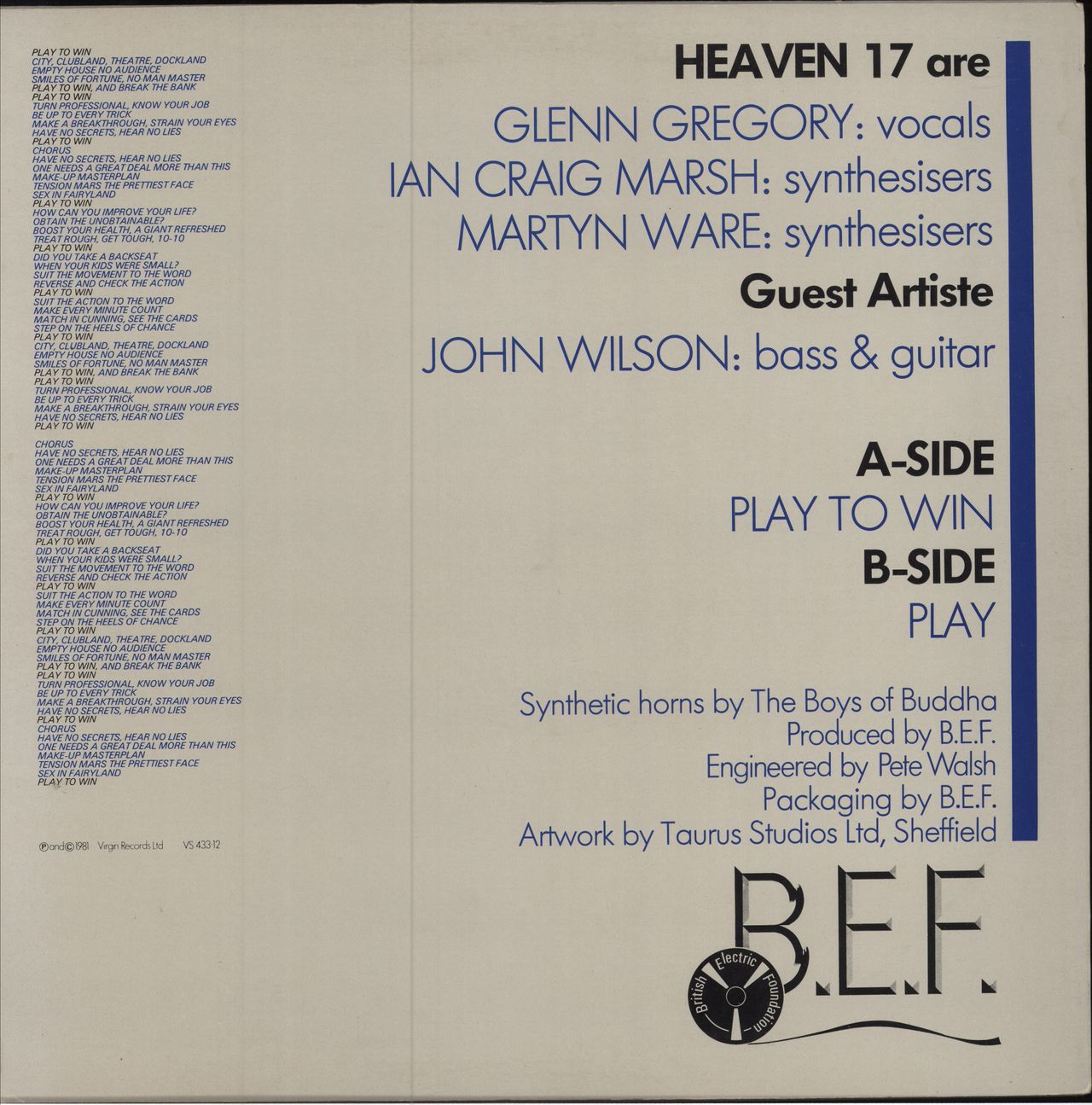 Heaven 17 Play To Win UK 12" vinyl single (12 inch record / Maxi-single)