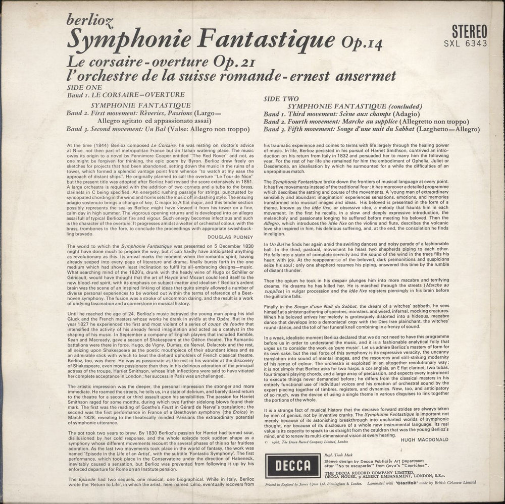 Hector Berlioz Symphonie Fantastique, Op.14 / Le Corsaire - Overture, Op.21 UK vinyl LP album (LP record)