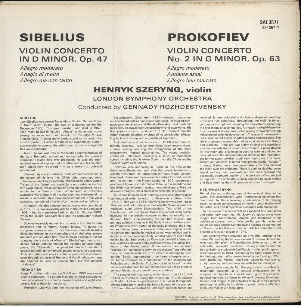 Henryk Szeryng Sibelius: Violin Concerto in D Minor, Op.47 / Prokofiev: Violin Concerto No. 2 in G Minor, Op.63 UK vinyl LP album (LP record)