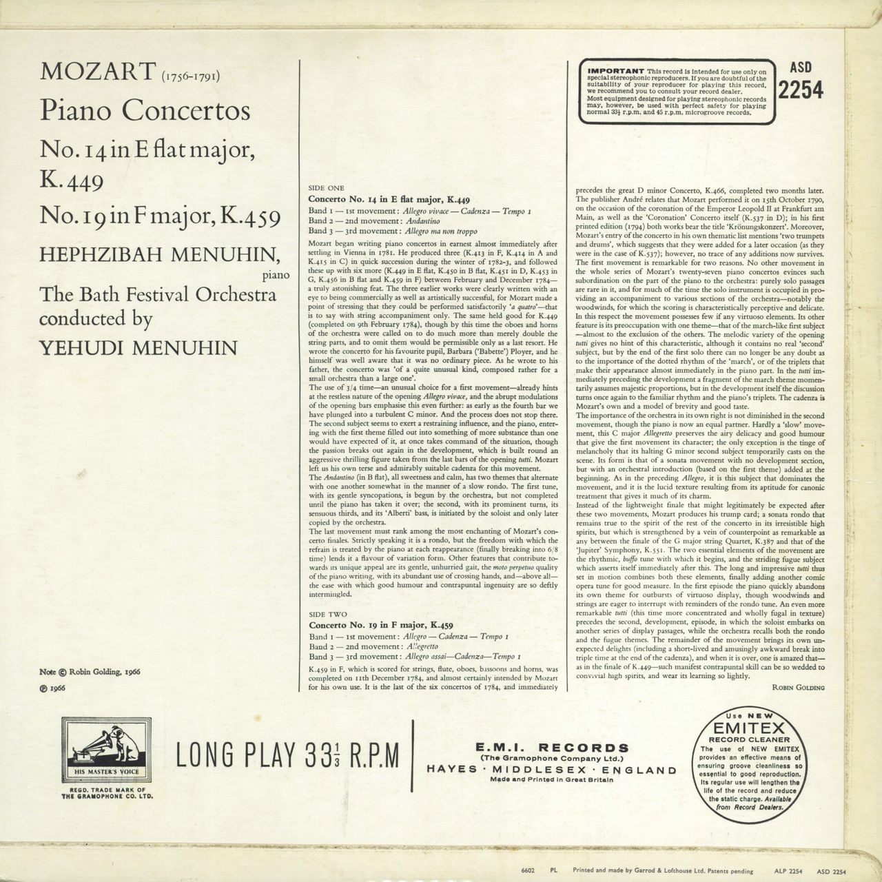 Hephzibah Menuhin Mozart: Piano Concertos Nos.14 & 19 UK vinyl LP album (LP record)