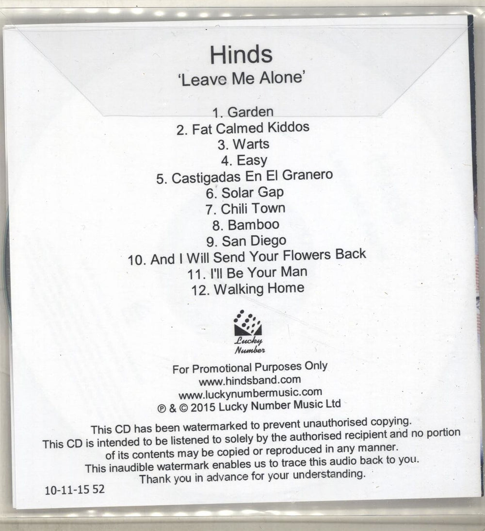 Hinds Leave Me Alone UK Promo CD-R acetate IZNCRLE697290