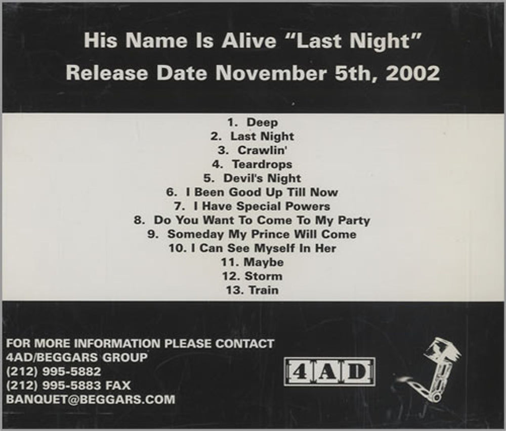 His Name Is Alive Last Night US Promo CD album (CDLP) CAD2201CD