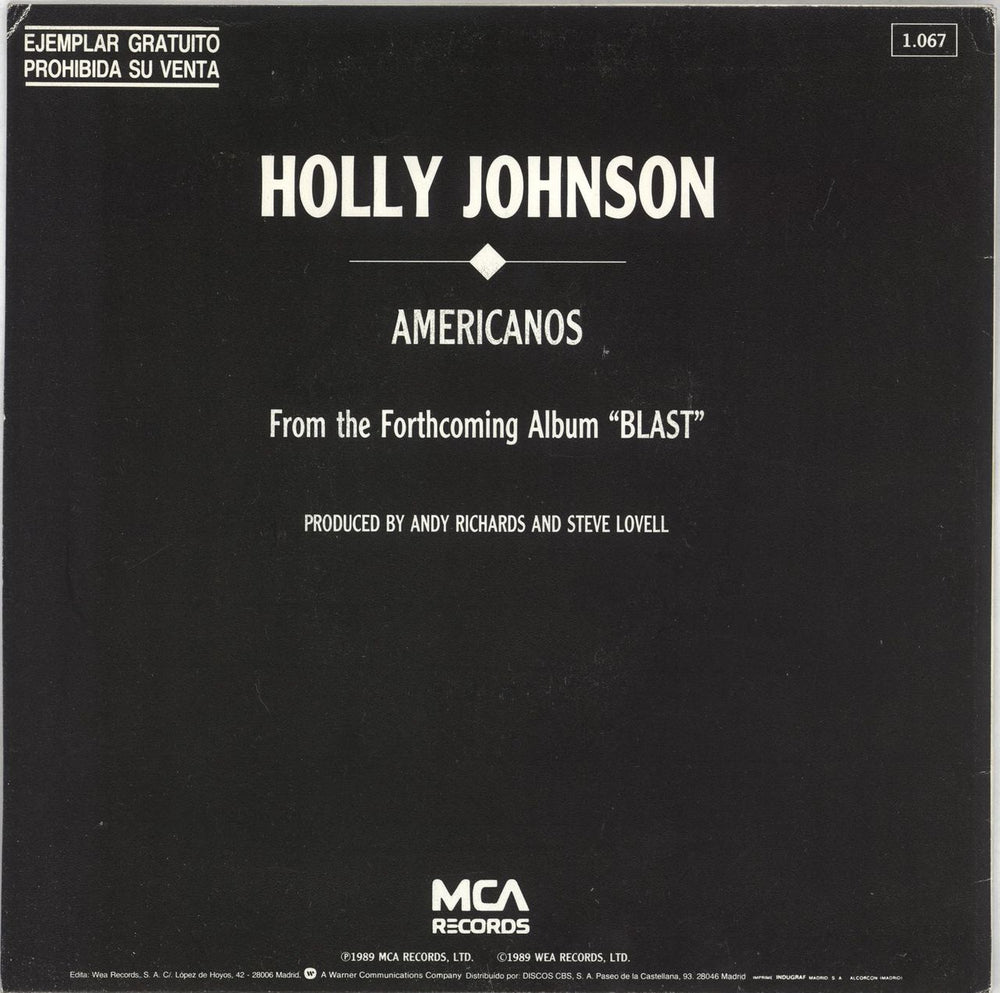 Holly Johnson Americanos Spanish Promo 7" vinyl single (7 inch record / 45)