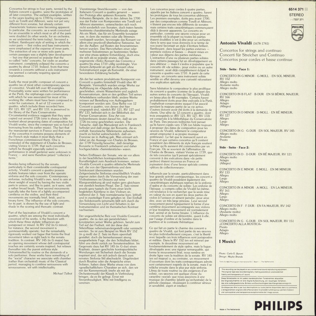 I Musici Vivaldi: 9 Concertos Dutch vinyl LP album (LP record)