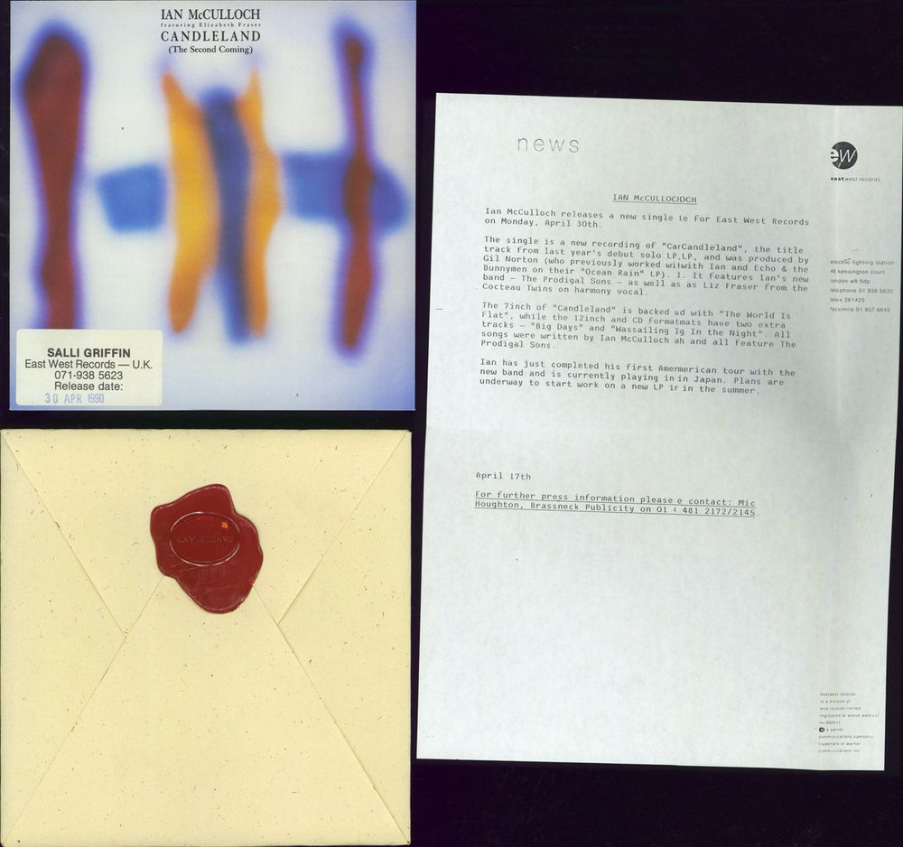 Ian McCulloch Candleland + Envelope & P/R UK Promo 7" vinyl single (7 inch record / 45) YZ452