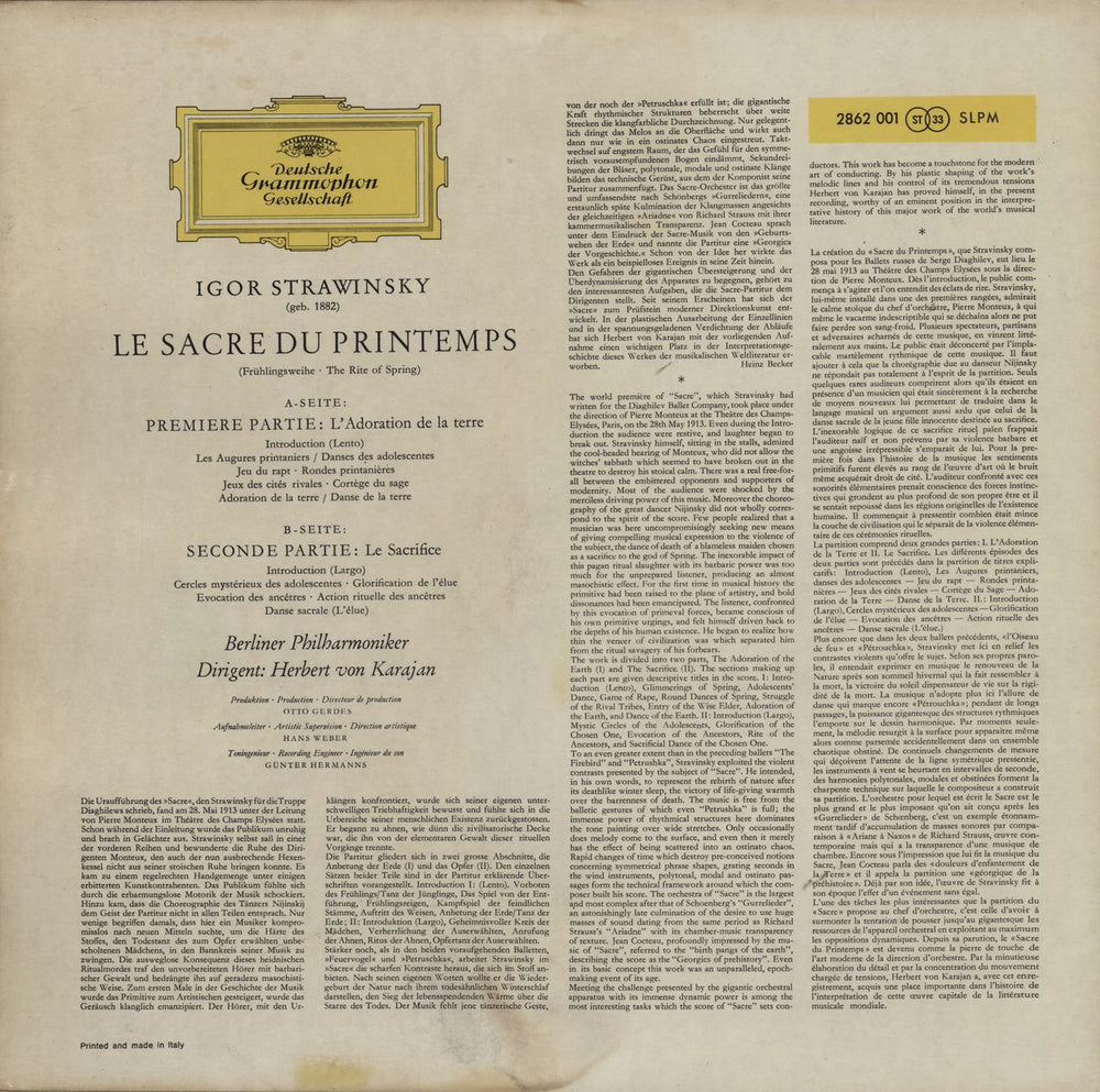 Igor Stravinsky Le Sacre Du Printemps Italian vinyl LP album (LP record)