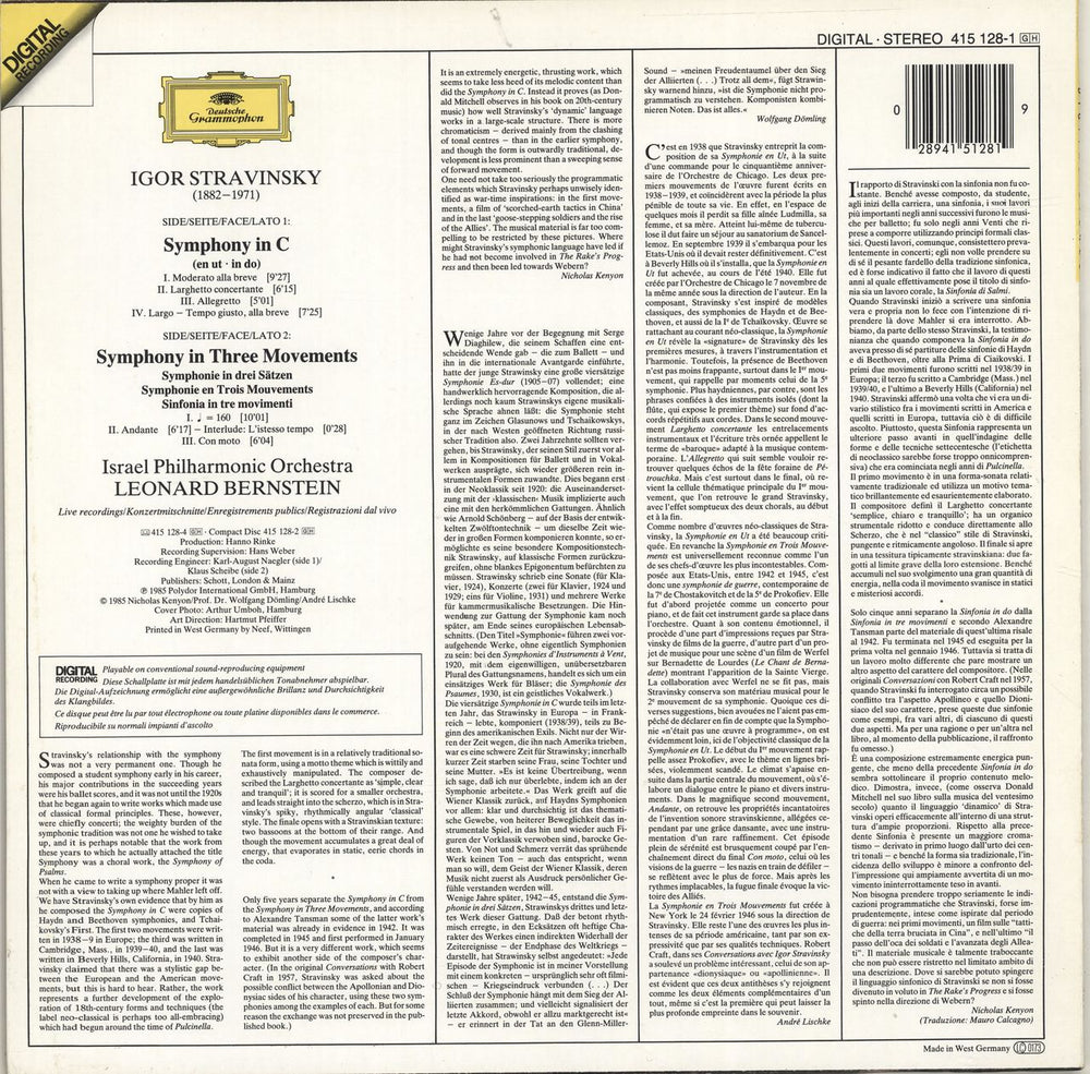 Igor Stravinsky Symphony In Three Movements / Symphony In C German vinyl LP album (LP record) 028941512819