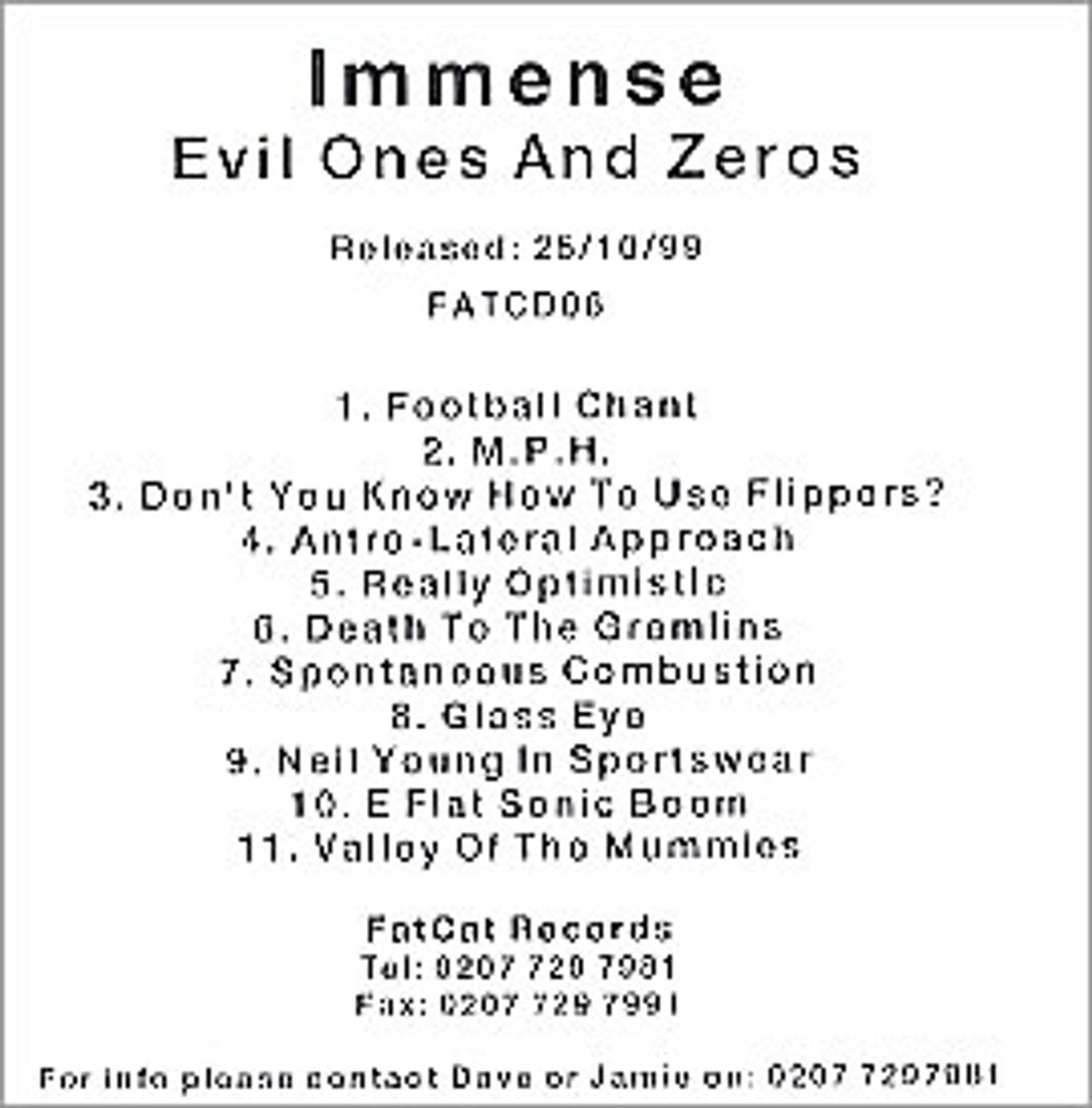 Immense Evil Ones And Zeros UK Promo CD-R acetate CD-R ACETATE