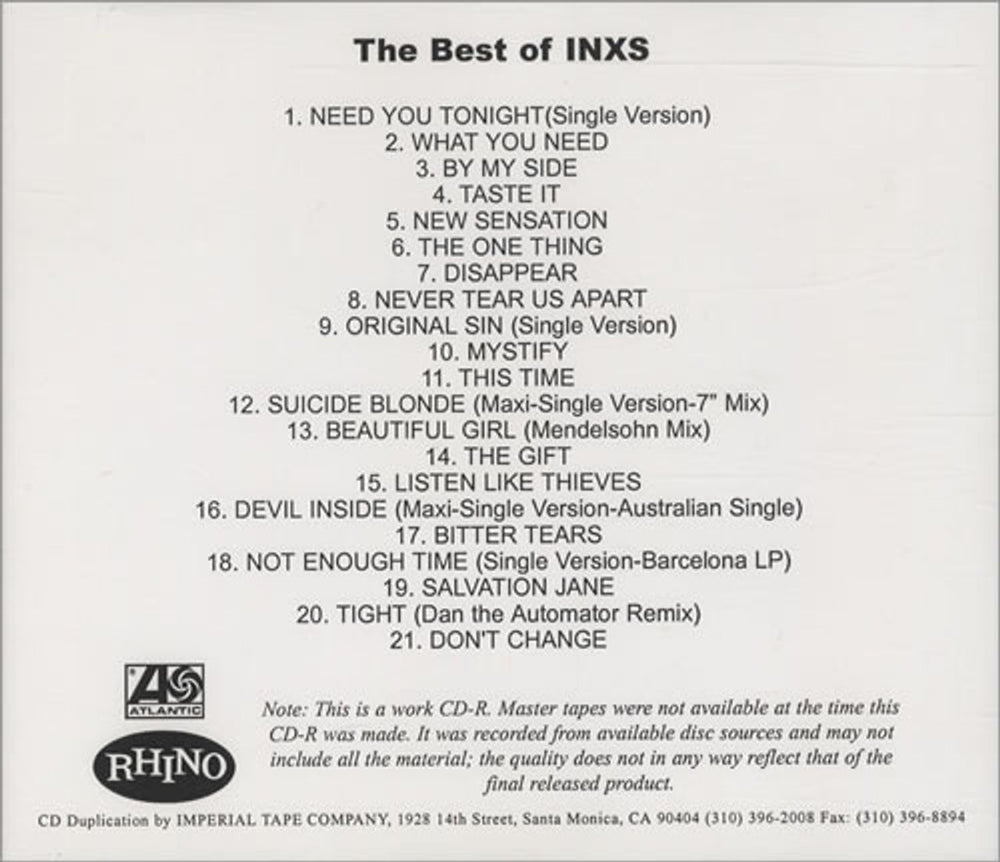 Inxs The Best Of Inxs US Promo CD-R acetate CDR