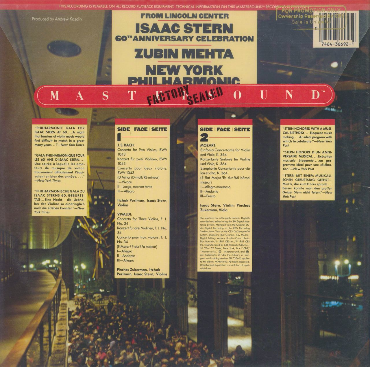 Isaac Stern From Lincoln Center Isaac Stern 60th Anniversary Celebration US vinyl LP album (LP record) 074643669214