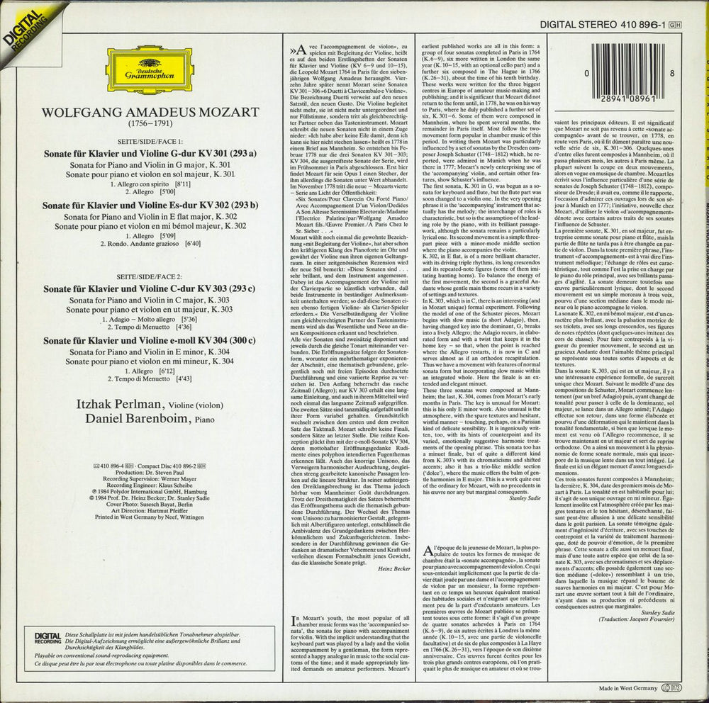 Itzhak Perlman & Daniel Barenboim Mozart: Violin Sonatas German vinyl LP album (LP record) 028941089618