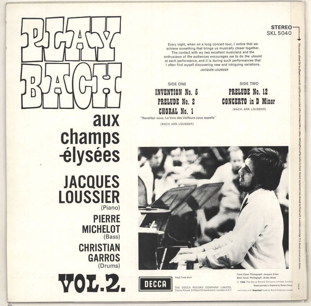 Jacques Loussier Play Bach Aux Champs-Elysees Vol. 2 UK vinyl LP album (LP record)