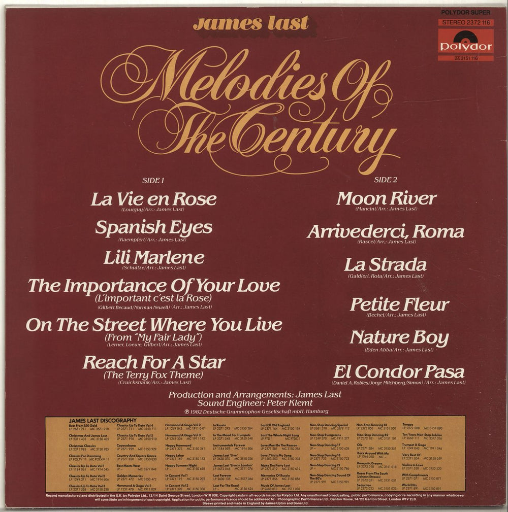 James Last Melodies Of The Century UK vinyl LP album (LP record)