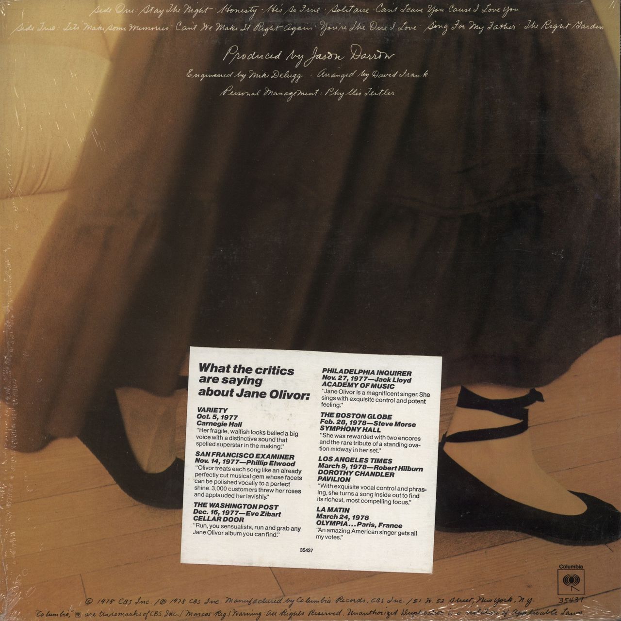 Jane Olivor Stay The Night US vinyl LP album (LP record)