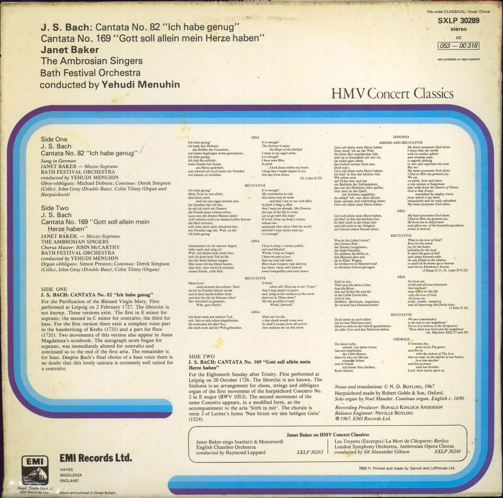 Janet Baker Bach Cantatas No. 82 & 169 UK vinyl LP album (LP record)
