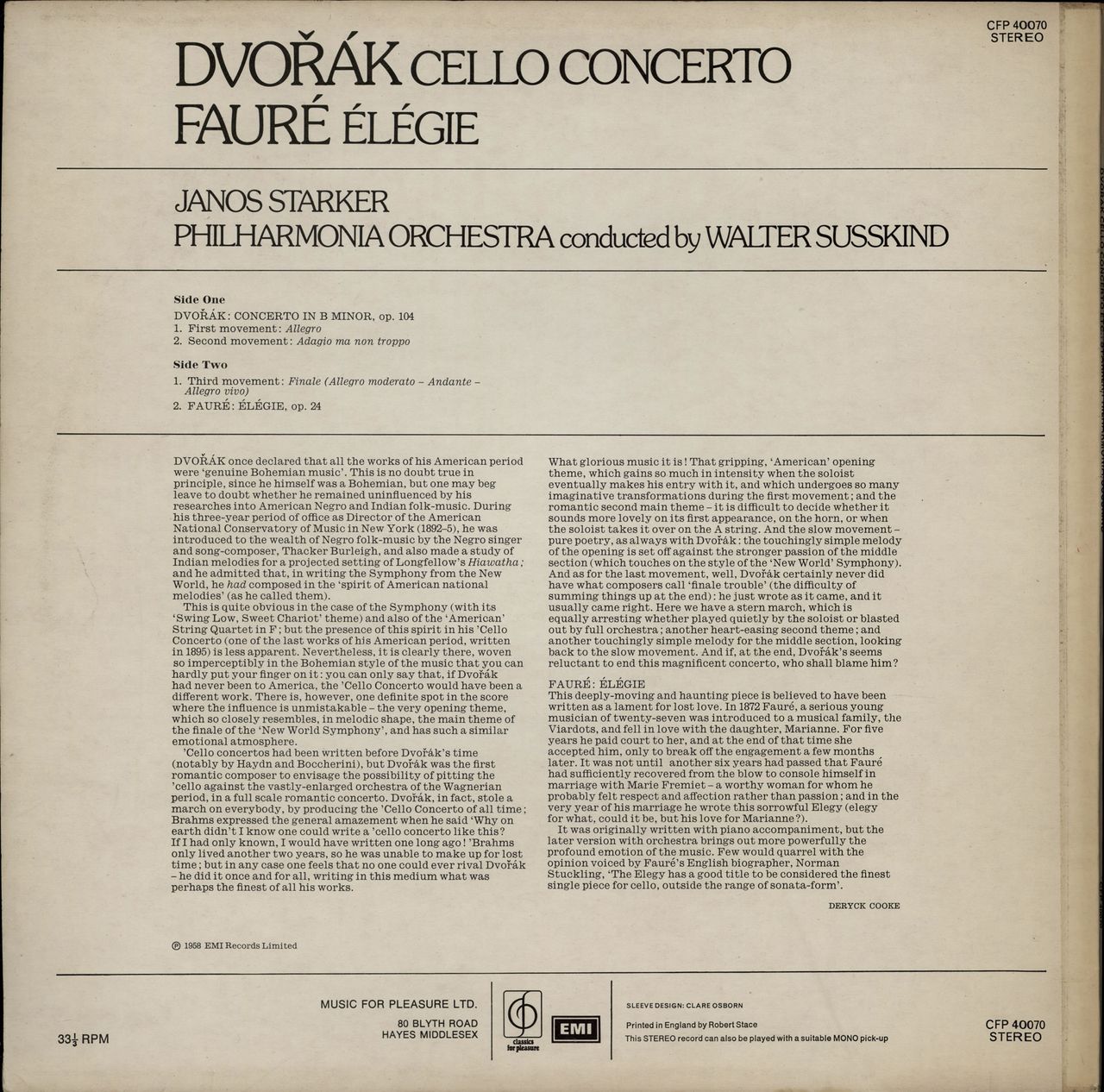 János Starker Dvorák: Cello Concerto / Fauré: Élégie UK vinyl LP album (LP record)
