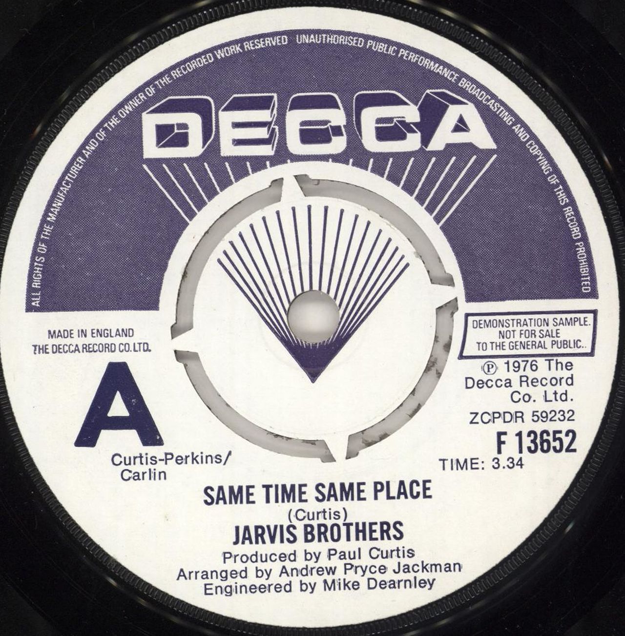 Jarvis Brothers Same Time Same Place - A Label UK Promo 7" vinyl single (7 inch record / 45) F13652