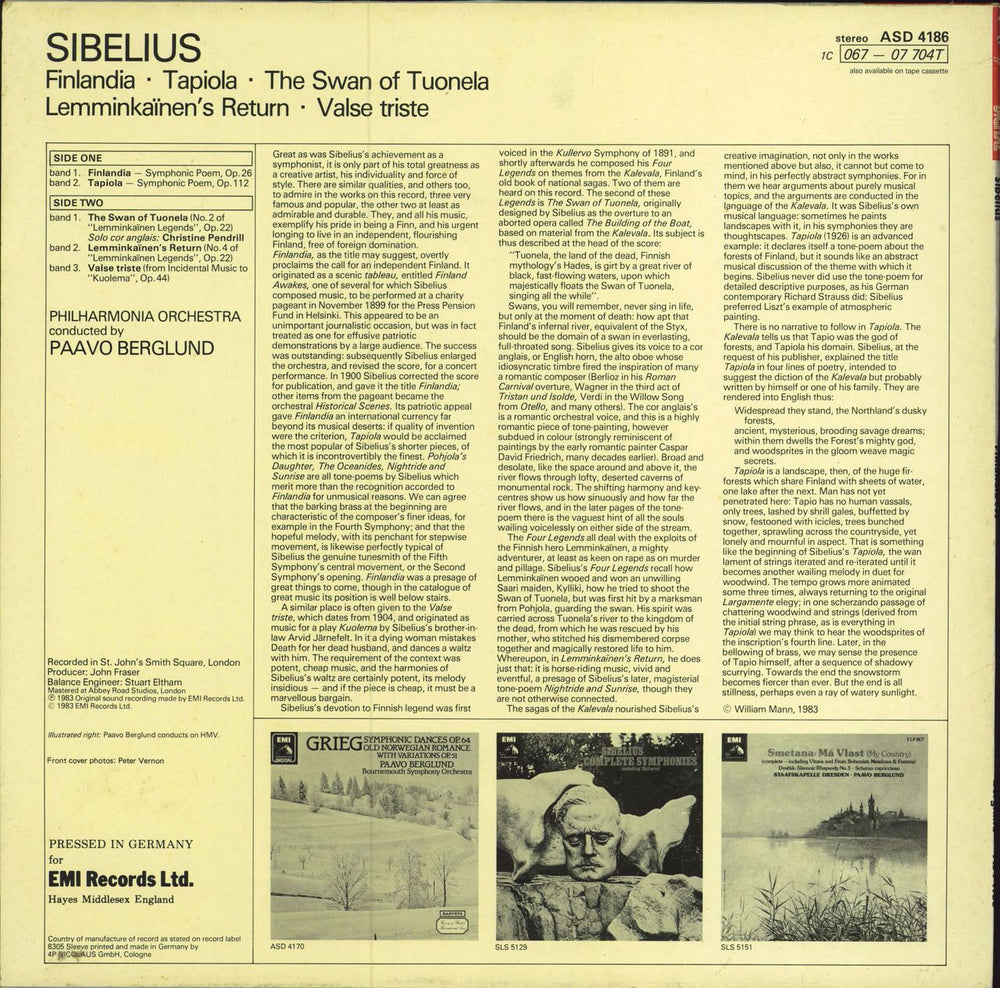 Jean Sibelius Finlandia / Tapiola / The Swan Of Tuonela / Lemminkainen's Return / Valse Triste UK vinyl LP album (LP record)