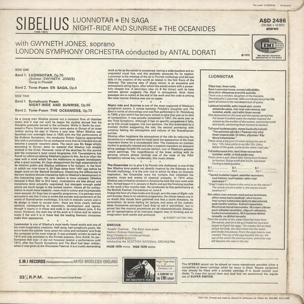 Jean Sibelius Sibelius: Luonnotar UK vinyl LP album (LP record)