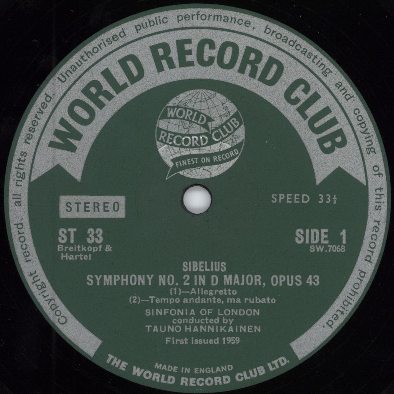 Jean Sibelius Symphony No. 2 in D Major - 1st UK vinyl LP album (LP record) SE3LPSY784227