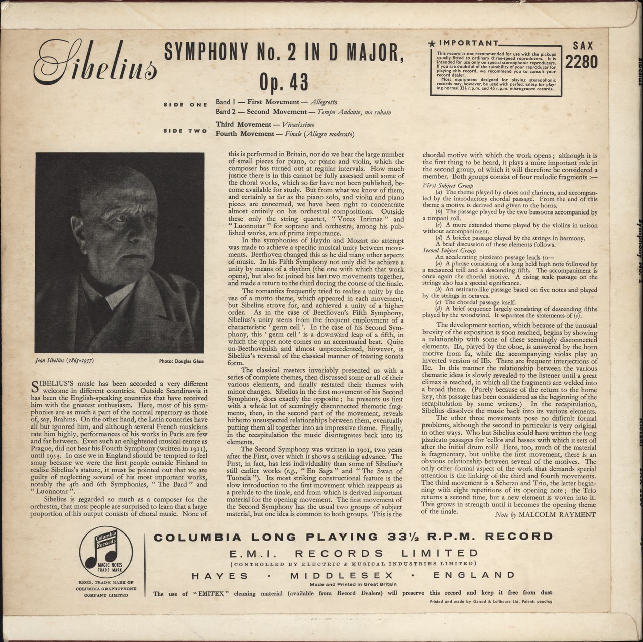 Jean Sibelius Symphony No. 2 in D Major Op. 43 UK vinyl LP album (LP record)