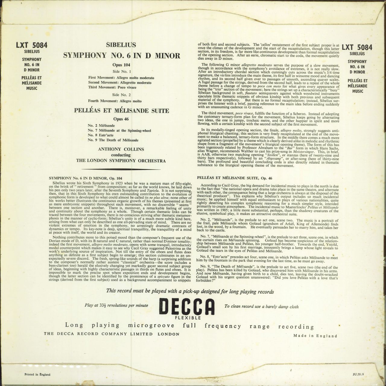 Jean Sibelius Symphony No. 6 In D Minor, Opus 104 / Pelléas Et Mélisande Suite, Opus 46 - 1st UK vinyl LP album (LP record)