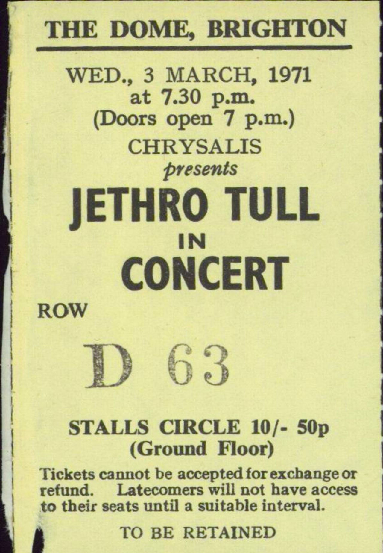 Jethro Tull The Dome Brighton Ticket Stub UK concert ticket TICKET
