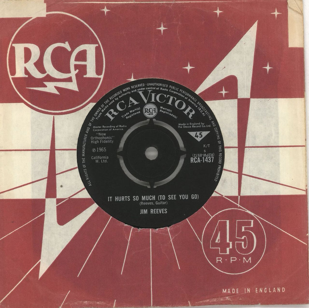 Jim Reeves It Hurts So Much (To See You Go) UK 7" vinyl single (7 inch record / 45) RCA-1437