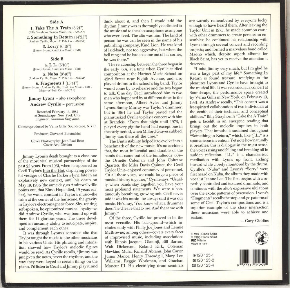Jimmy Lyons Something In Return Italian 12" vinyl single (12 inch record / Maxi-single)