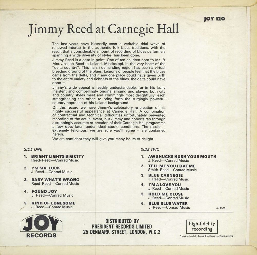 Jimmy Reed Jimmy Reed At Carnegie Hall UK vinyl LP album (LP record)