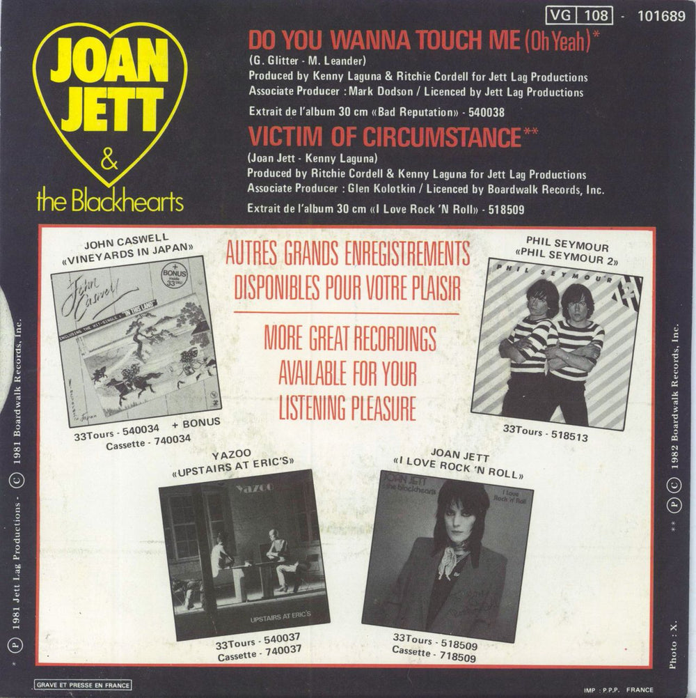 Joan Jett Do You Wanna Touch Me (Oh Yeah) French 7" vinyl single (7 inch record / 45)