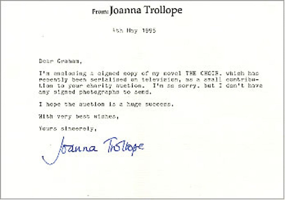 Joanna Trollope Autographed Headed Letter UK memorabilia SIGNED LETTER