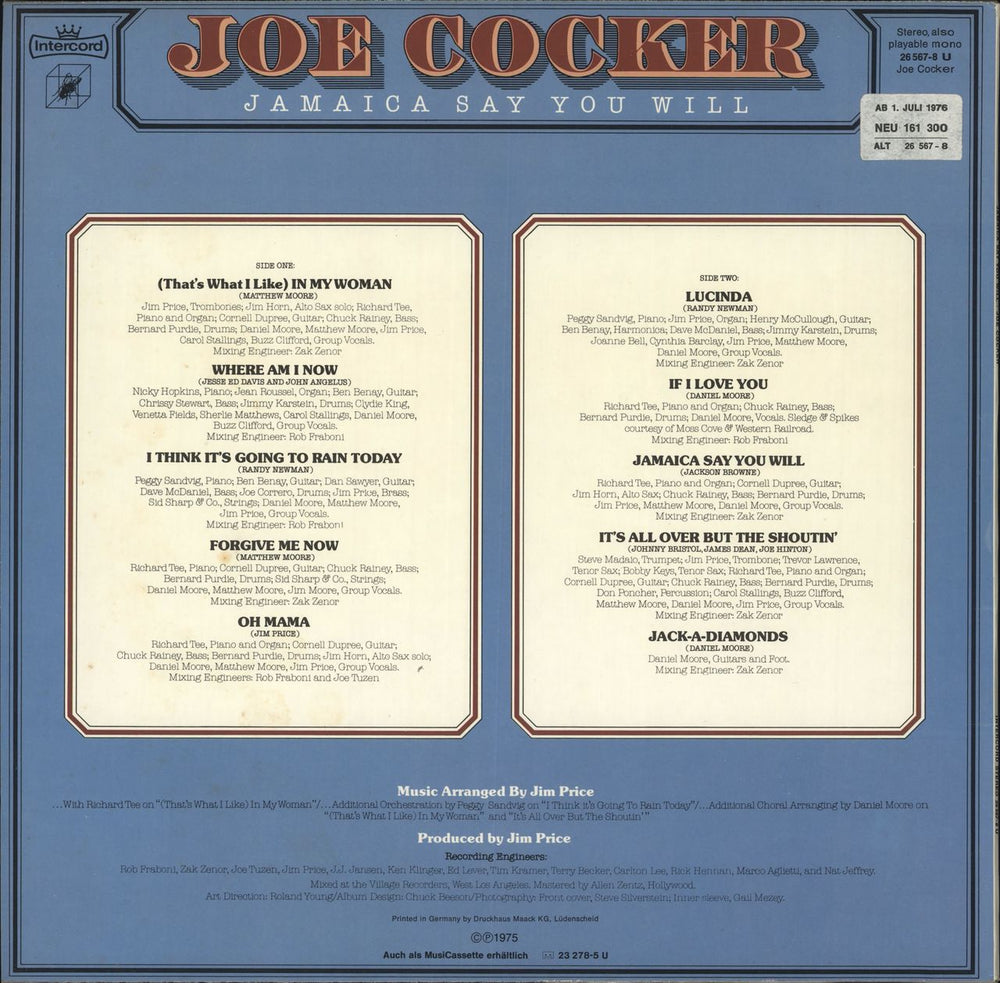 Joe Cocker Jamaica Say You Will German vinyl LP album (LP record)