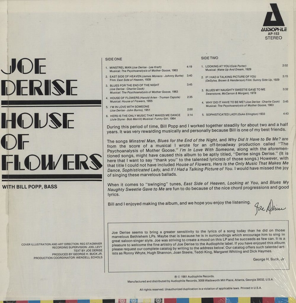 Joe Derise House Of Flowers US vinyl LP album (LP record)