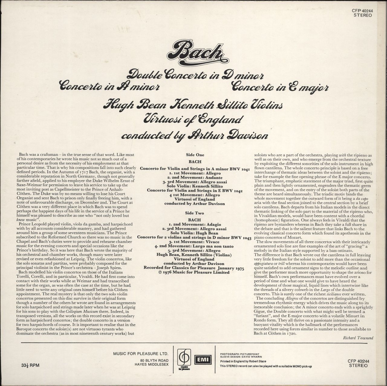 Johann Christian Bach Bach: Double Concerto In D Minor, Concerto In A Minor, Concerto In E Major UK vinyl LP album (LP record)