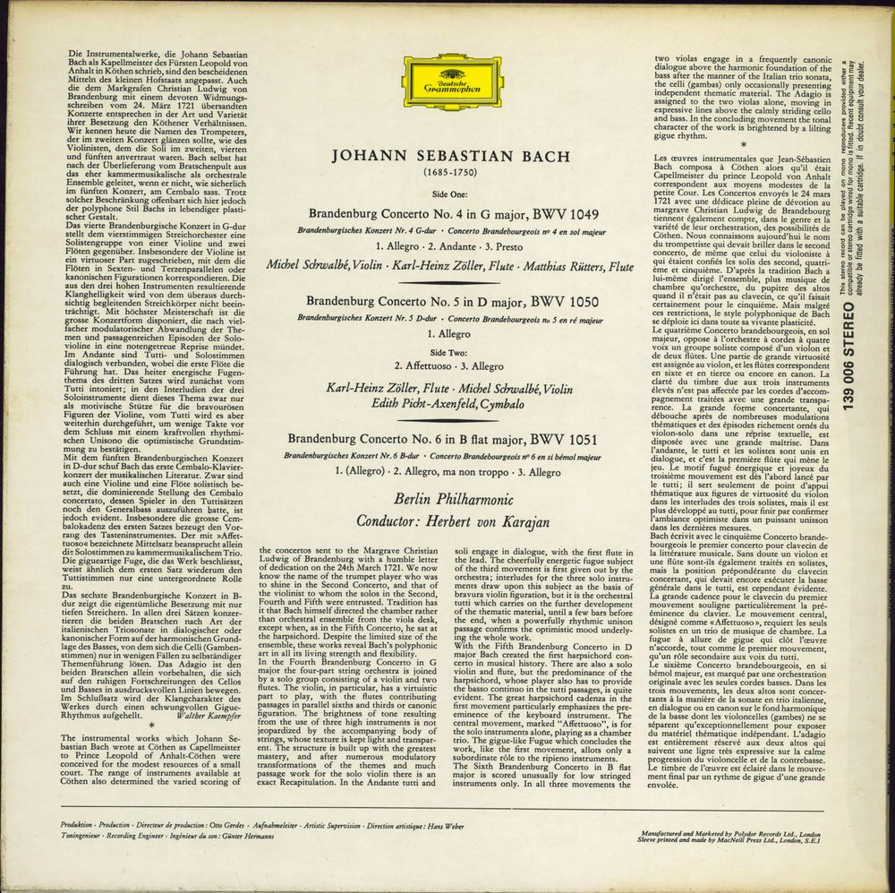 Johann Sebastian Bach Brandenburg Concertos Nos. 4, 5 & 6 UK vinyl LP album (LP record)