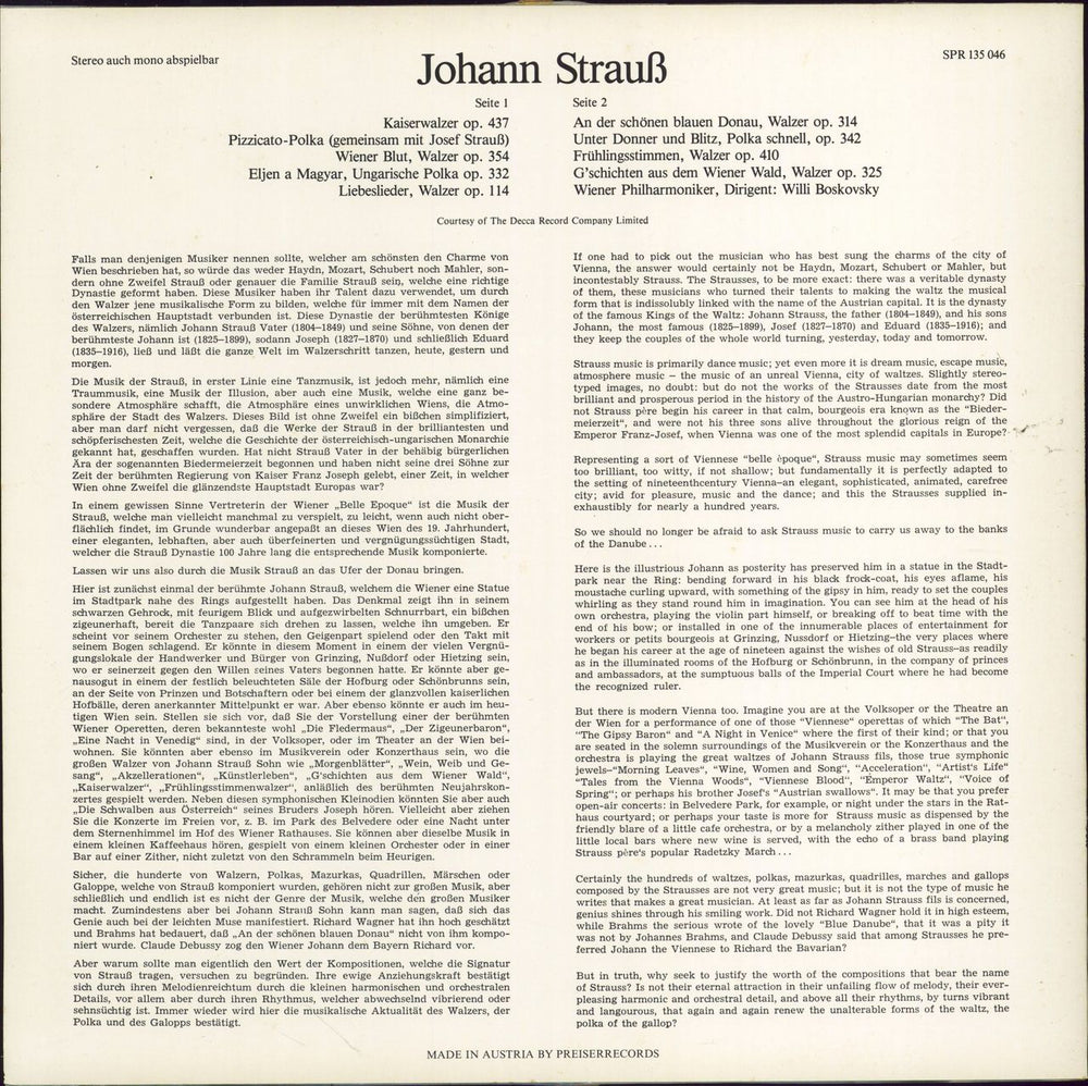 Johann Strauss II (1825-1899) An Hour With Johann Strauss Austrian Promo vinyl LP album (LP record)