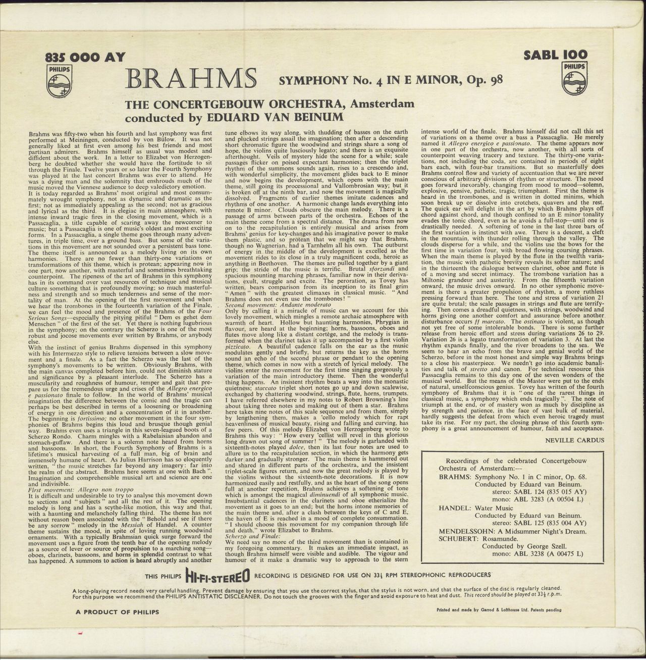 Johannes Brahms Brahms: Symphony No.4 In E Minor, Op.98 UK vinyl LP album (LP record)