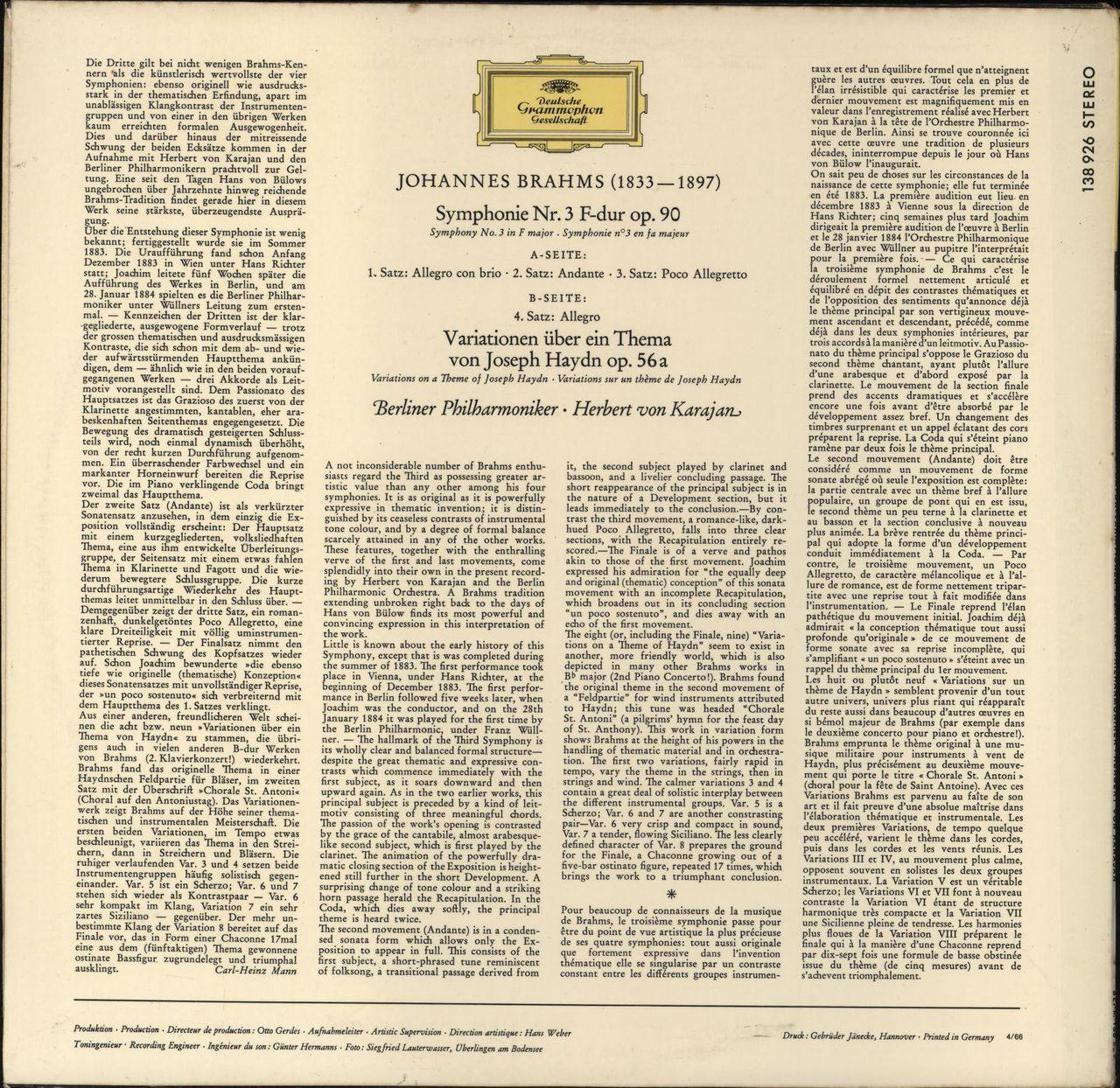 Johannes Brahms Symphony No. 3 / Haydn Variations German vinyl LP album (LP record)